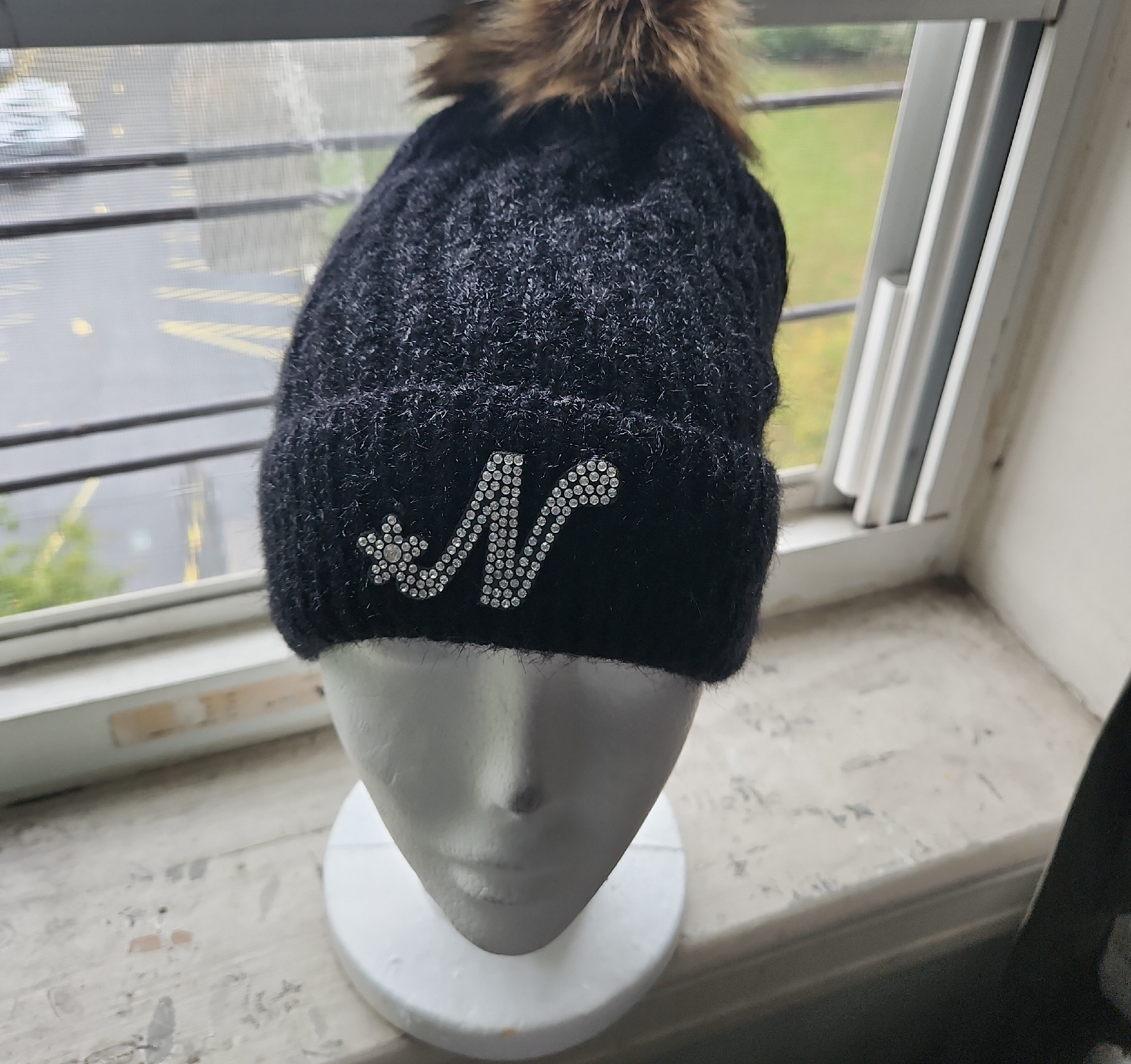 Nwot-Letter "N" Black Knit Beanie With Rhinestone Accent